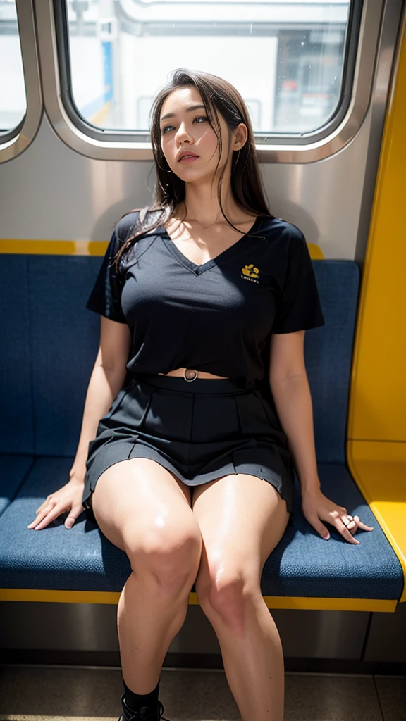 "(masterpiece, High resolution, Ultra High resolution, 4K) Black Hair,  Japanese girl, Uniform skirt, Accentuate your thighs, White thighs, Soft thighs, Glossy thighs, Sitting on a train, Facing angle, (Angle from below),sitting in a train seat,Sit in front,Zoom camera on crotch,Put your feet on the train floor,whole body,Looking down and sleepy,Watch only viewers", Highest quality, 超High resolution, (Realistic:1.4),, High resolution, detailed, RAW Photos, sharp, Nikon D850 film stock photo by Lee Jefferies 4 Kodak Portra 400 camera F1.6 Lenses、Rich colors、Ultra-realistic and lifelike textures、Dramatic lighting、Unreal Engine、Art Station Trends、Cinestar 800,