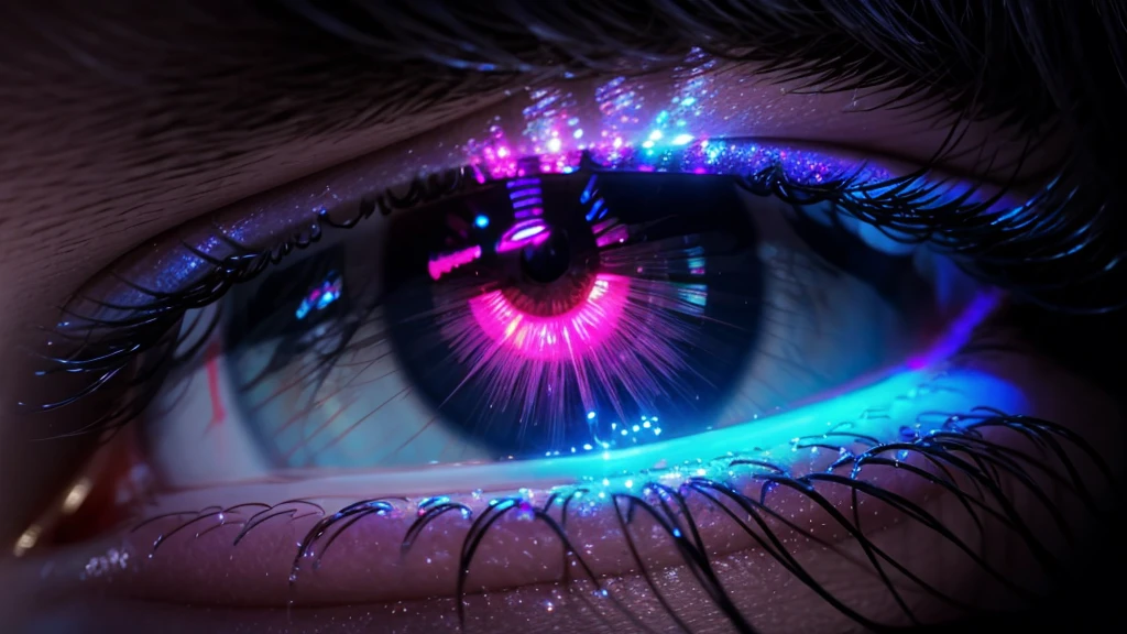 light in angels eyes, spark in his dreams are in my eyes, neon colors, high detail, long shot, wide shot, 4K, 3D, REALISTIC, (iridescent glow smoke), UHD, 32K, very bold neon colors, black light, neon light