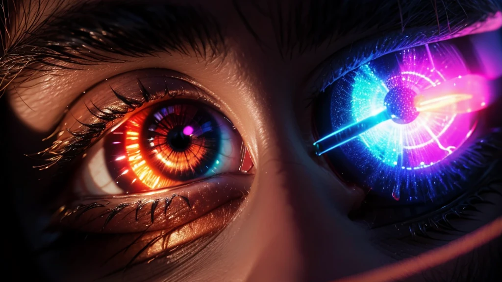 light in angels eyes, spark in his dreams are in my eyes, neon colors, high detail, long shot, wide shot, 4K, 3D, REALISTIC, (iridescent glow smoke), UHD, 32K, very bold neon colors, black light, neon light