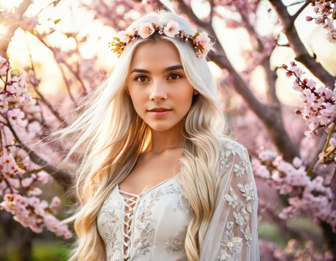 A stunning photo realistic image of a young girl with long, flowing white hair adorned with delicate flowers. She has warm, expressive brown eyes and a soft, serene expression. Her outfit is a detailed traditional dress with intricate patterns. The background features a magical springtime scene with blooming flowers, soft bokeh lights, and an ethereal glow, creating a dreamy and enchanting atmosphere, extremely photo realistic, vibrant colors, 16k