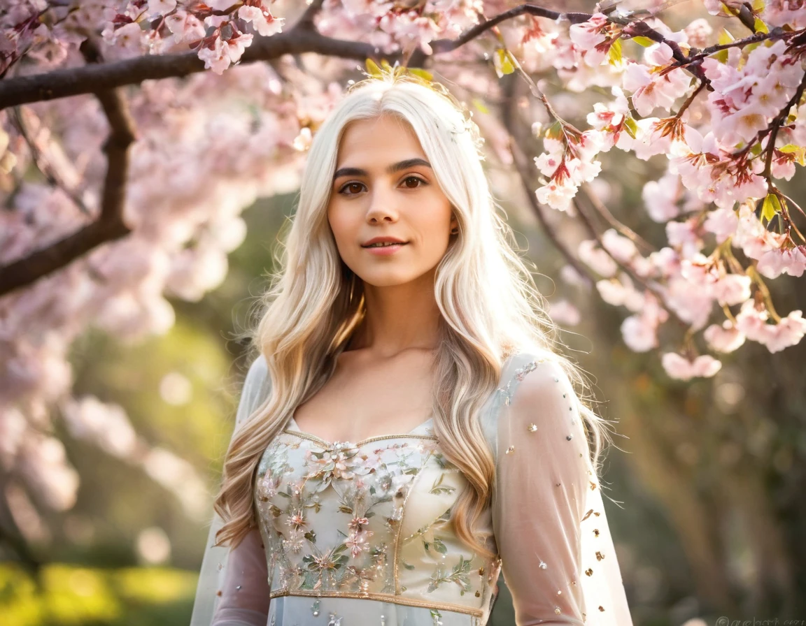 A stunning photo realistic image of a young girl with long, flowing white hair adorned with delicate flowers. She has warm, expressive brown eyes and a soft, serene expression. Her outfit is a detailed traditional dress with intricate patterns. The background features a magical springtime scene with blooming flowers, soft bokeh lights, and an ethereal glow, creating a dreamy and enchanting atmosphere, extremely photo realistic, vibrant colors, 16k