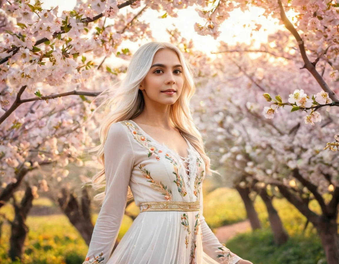 A stunning photo realistic image of a young girl with long, flowing white hair adorned with delicate flowers. She has warm, expressive brown eyes and a soft, serene expression. Her outfit is a detailed traditional dress with intricate patterns. The background features a magical springtime scene with blooming flowers, soft bokeh lights, and an ethereal glow, creating a dreamy and enchanting atmosphere, extremely photo realistic, vibrant colors, 16k