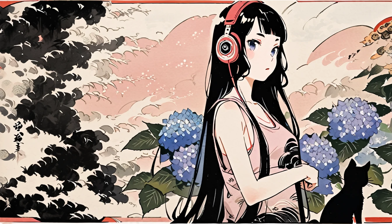 Highest quality, Katsushika Hokusai, Ink Painting, (((very straight longhair))), (((hydrangea))), (((Pale pink tank top))), (((One black cat))), headphone, beautiful girl, Black Hair, Delicate and precise, Modern ukiyo-e style
