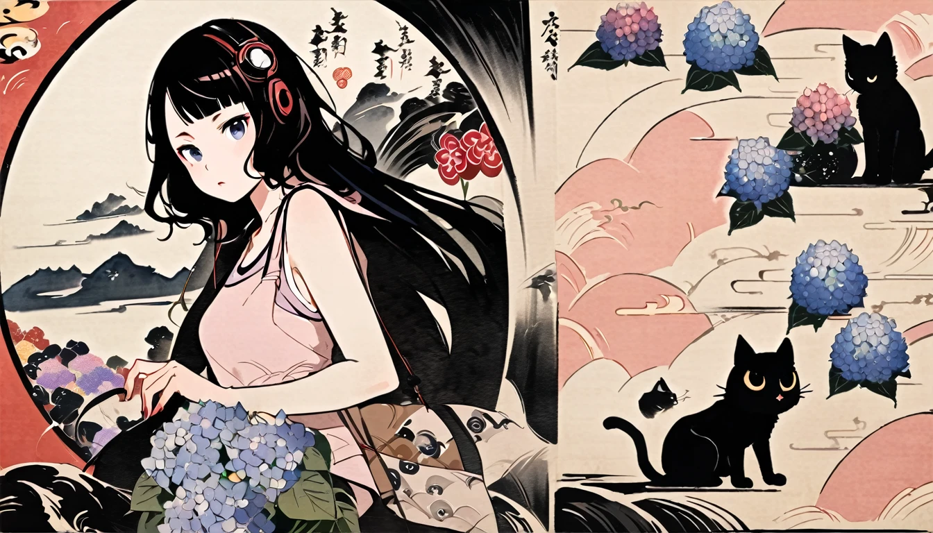 Highest quality, Katsushika Hokusai, Ink Painting, (((very straight longhair))), (((hydrangea))), (((Pale pink tank top))), (((One black cat))), headphone, beautiful girl, Black Hair, Delicate and precise, Modern ukiyo-e style