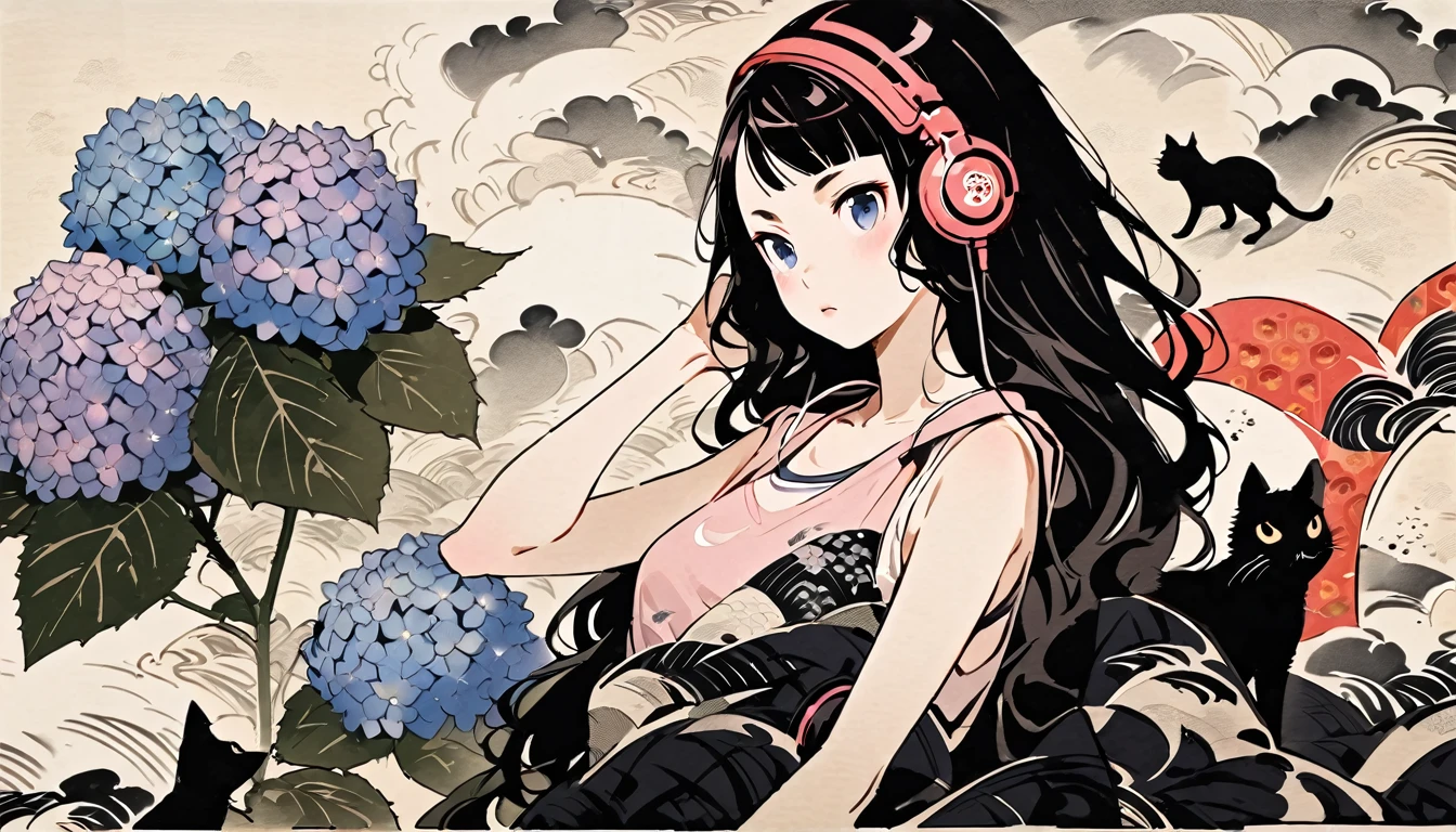 Highest quality, Katsushika Hokusai, Ink Painting, (((very straight longhair))), (((hydrangea))), (((Pale pink tank top))), (((One black cat))), headphone, beautiful girl, Black Hair, Delicate and precise, Modern ukiyo-e style