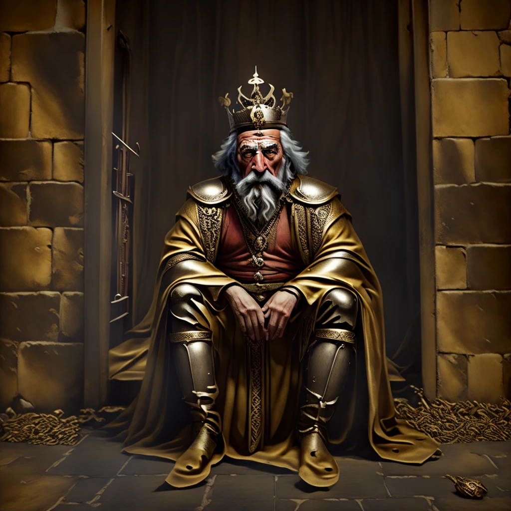 homem arafiado com um manto dourado sentado em uma mala, medieval old rei, portrait of a medieval old rei, portrait of medieval old rei, sentou-se em seu trono, richard iv the roman rei photo, rei, sentado no trono dourado, sentado em seu trono, wearing reis crown, rei arthur, sentado no trono, homem com uma coroa, sentado em um trono dourado