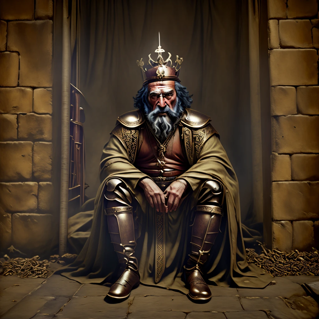 homem arafiado com um manto dourado sentado em uma mala, medieval old rei, portrait of a medieval old rei, portrait of medieval old rei, sentou-se em seu trono, richard iv the roman rei photo, rei, sentado no trono dourado, sentado em seu trono, wearing reis crown, rei arthur, sentado no trono, homem com uma coroa, sentado em um trono dourado