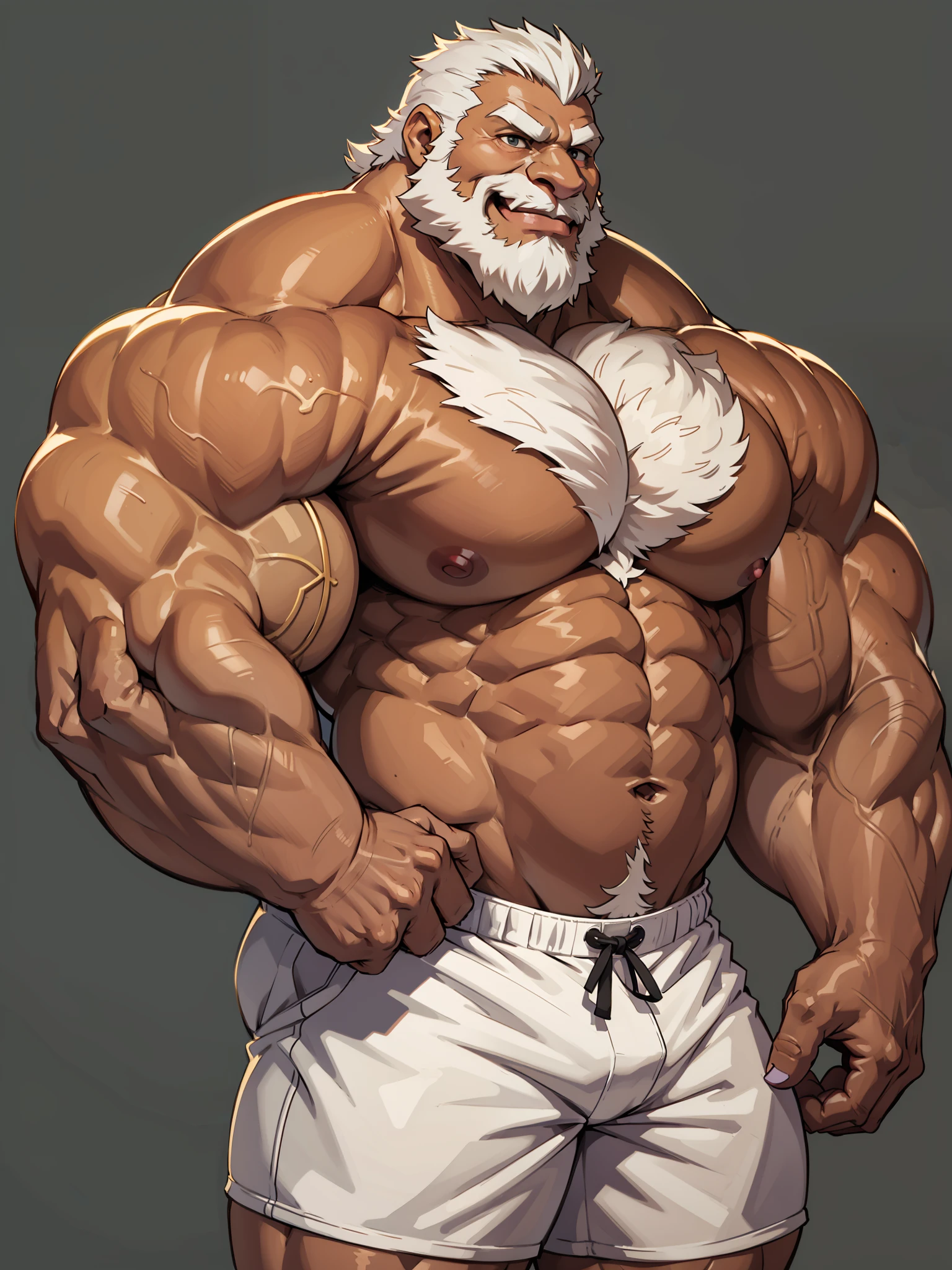 solo, 1boy, perfect anatomy, perfect proportion, smile, grinning, big eyes, happy. king, Huge Muscular Old man wearing corwn and king cloack with short hair ,(white shorts), view from side, pectoral, thick arms, huge pectoral, wide pectoral, white hair, white beards, simple background, masterpiece, semirealistic:1.2, high detailed, 8k, high resolution, perfect center, full view. ((really big muscle, massive muscular, sixpack, thick arms, wide pectoral, super huge muscle, hyper muscular, over sized muscle, huge arms, big arms, huge pectoral))