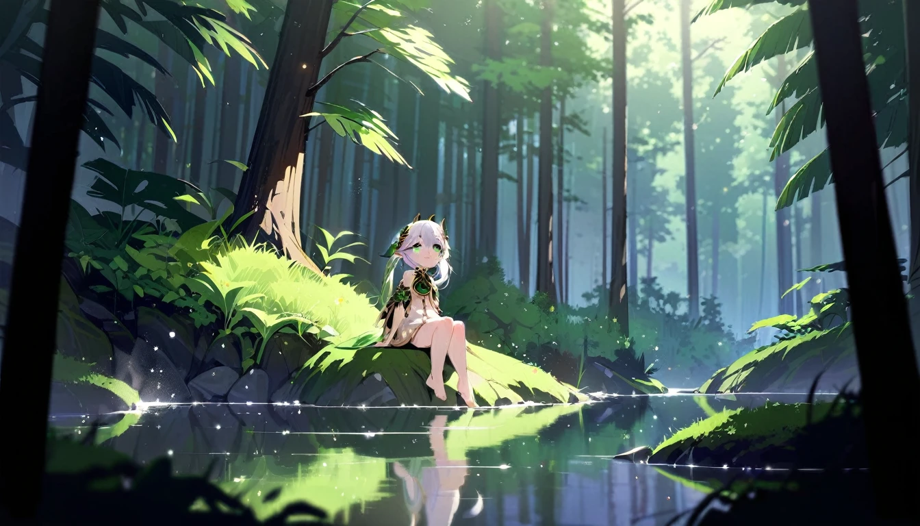 masterpiece,Highest quality,in the forest,alone,One girl,Light particles,Wide Shot,
Nahida,Look Up, Arm support, reflection,Green Eyes,Waterfront,