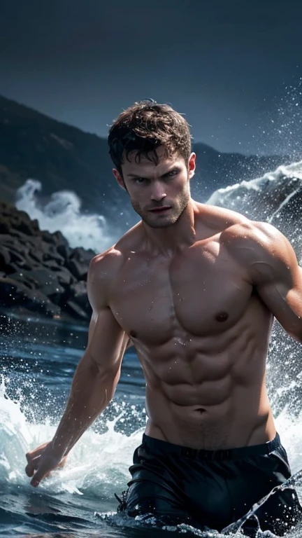 Jamie Dornan, a shirtless athletic man running on a lake, dramatic cinematic lighting, moody color palette, vogue magazine cover concept, detailed musculature, water splashing, photorealistic,chiaroscuro,dramatic shadows,vibrant colors,high contrast,dynamic pose,glossy skin,sculpted abs,wet hair,striking gaze,powerful movement, orange smoke