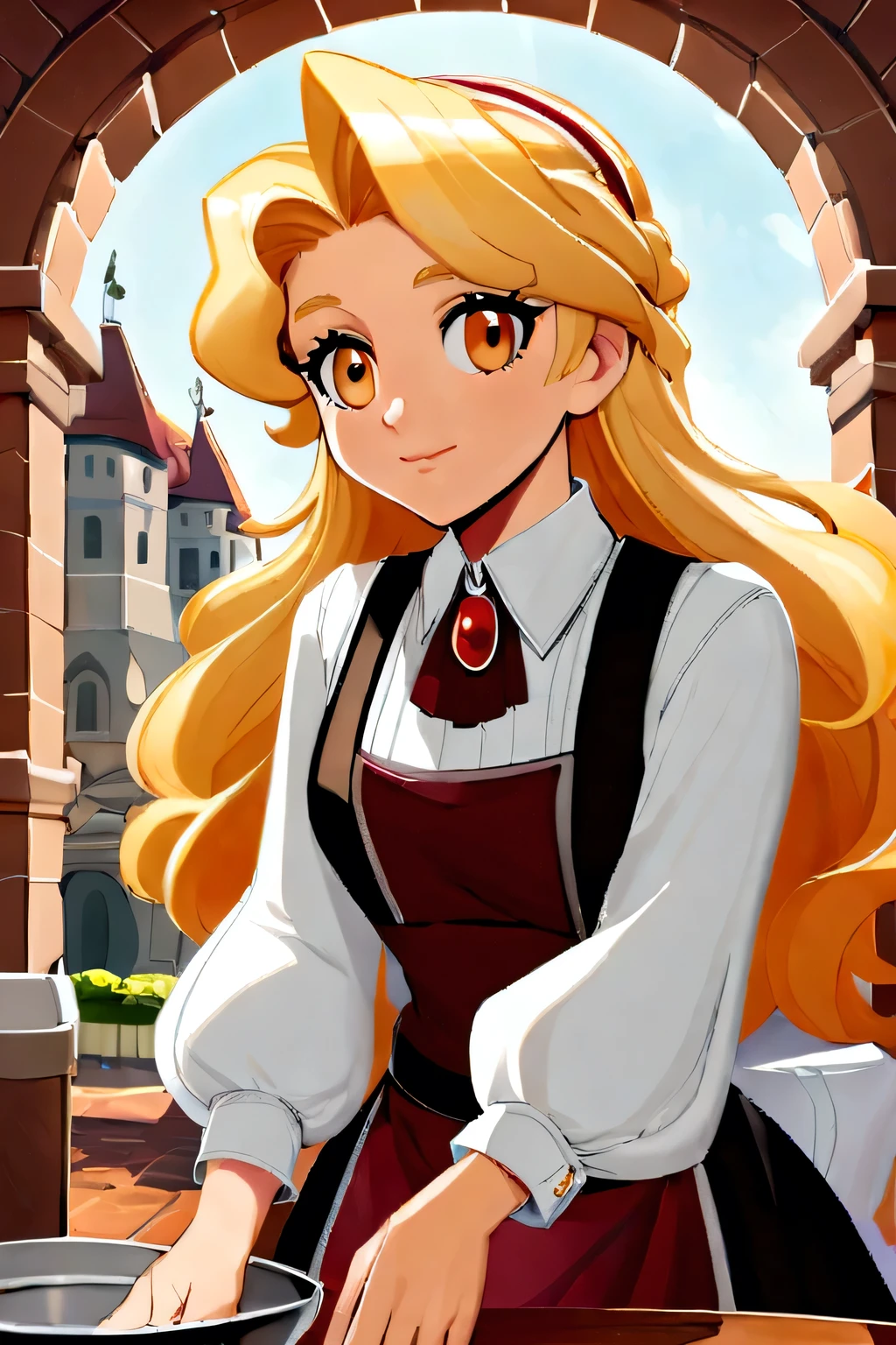 Bela, Disney's charming heroine, transformed into a waitress serves mead to Draco Malfoy, the cunning Hogwarts student, wearing your . Bela, Disney's charming heroine servindo hidromel com sorriso malicioso em um bar dentro do castelo mágico, all stylized in classic Disney 2D style.