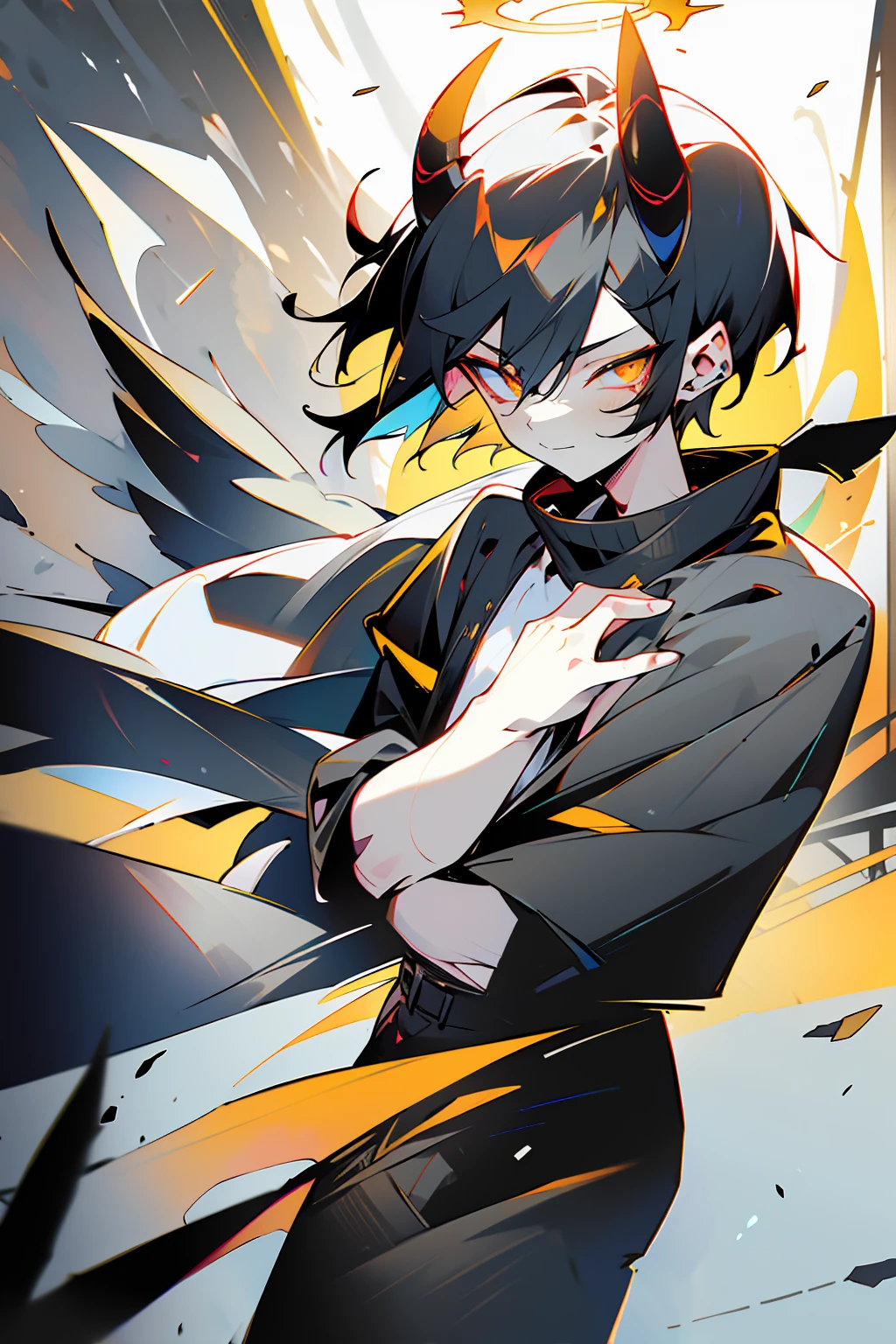 1male, Teen, Two Tone Hair, Black and White Hair, Short Hair, Undercut Hair, Two Horns one of them is Black the other is White, Angel Halo, One Black wing and One White Wing, Golden Eyes, Smirk, Black and White Flannel Shirt, Black Ripped Jeans