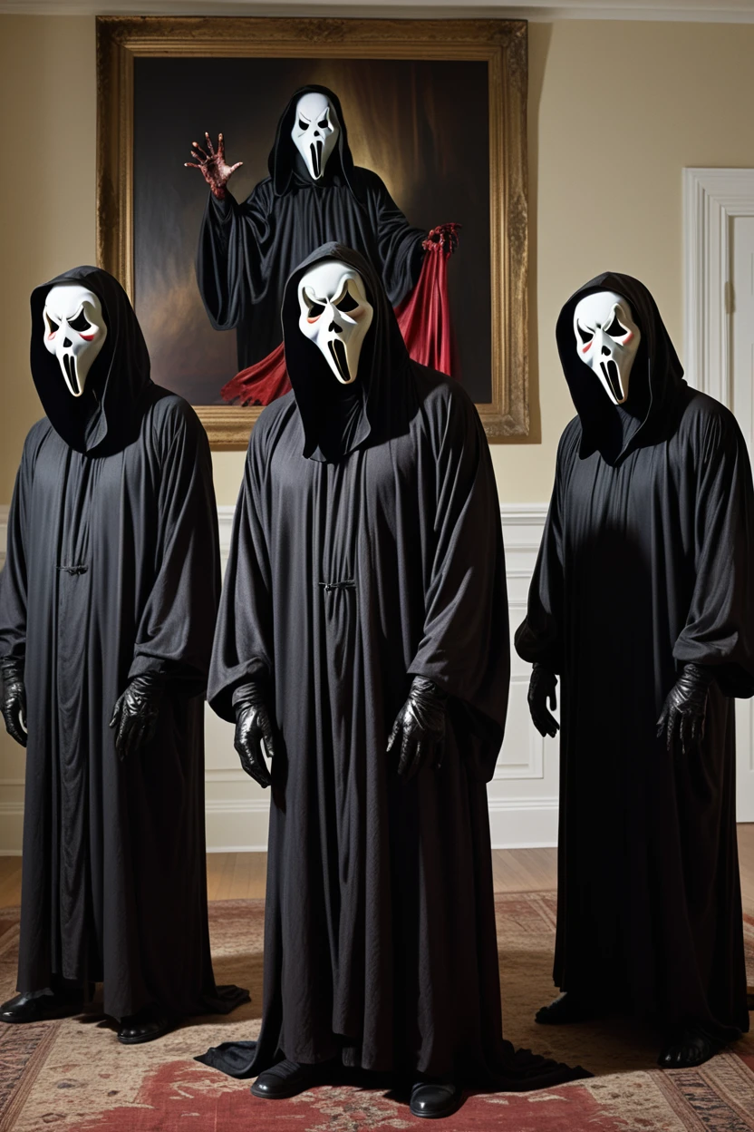 In a blood-splattered living room, three figures clad in the iconic black robes and white masks of the Ghostface killers emerge from the shadows, their menacing forms arranged in a chilling triangular formation. Each figure, representing a distinct identity from the Scream franchise, exudes an aura of terror and foreboding. While they share the same attire, their postures and knife grips subtly differ, hinting at their unique personalities and motivations. The scene is bathed in dramatic, high-contrast lighting, casting deep shadows that accentuate the figures' menacing presence. Rendered in a hyperrealistic style, the image captures the intricate details of the costumes, from the textured fabric of the robes to the weathered surfaces of the masks. The overall effect is a hauntingly surreal tableau that encapsulates the essence of the Ghostface legacy.