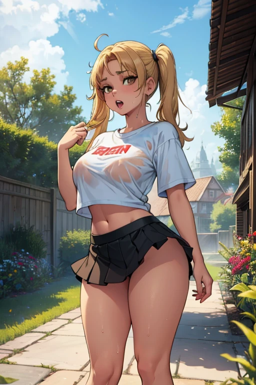 1 girl, small, (, she is 15 years oldwo pigtails, big lips, big breasts, big thighs, (brown eyes), (she wears a white, transparent t-shirt, very tight to her body, the she has a t-shirt on, you can see her belly, very wet), (she is wearing a mini skirt, very tight, very short, you can see her butt), (no bra, no panties), (barefoot), (red cheeks, opening mouth, wickedly lascivious look), standing in the garden, summer evening