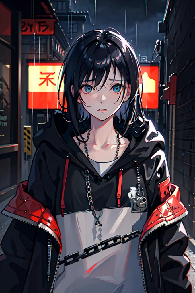 1girl, jacket, rain, outdoor, hoodie, open jacket, chain, backpack, looking at another, messy hair, trending on artstation, 8k resolution, highly detailed, anatomically correct, sharp image, digital painting, concept art, trending on pixiv, style of makoto shinkai,