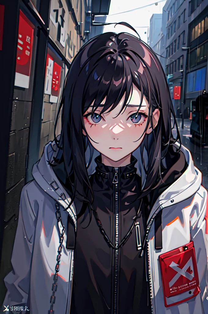 1girl, jacket, rain, outdoor, hoodie, open jacket, chain, backpack, looking at another, messy hair, trending on artstation, 8k resolution, highly detailed, anatomically correct, sharp image, digital painting, concept art, trending on pixiv, style of makoto shinkai,