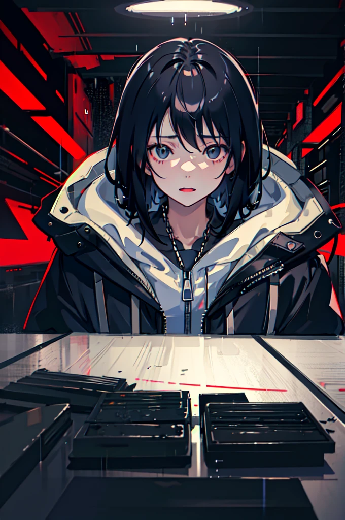 1girl, jacket, rain, outdoor, hoodie, open jacket, chain, backpack, looking at another, messy hair, trending on artstation, 8k resolution, highly detailed, anatomically correct, sharp image, digital painting, concept art, trending on pixiv, style of makoto shinkai,