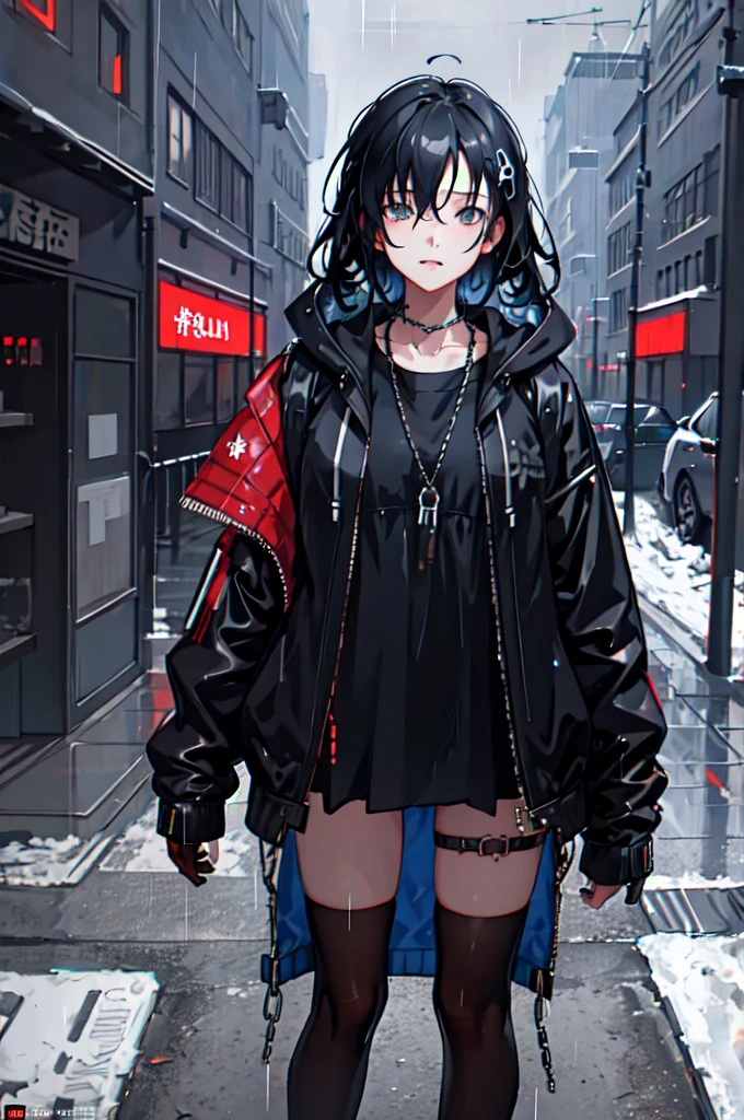 1girl, jacket, rain, outdoor, hoodie, open jacket, chain, backpack, looking at another, messy hair, trending on artstation, 8k resolution, highly detailed, anatomically correct, sharp image, digital painting, concept art, trending on pixiv, style of makoto shinkai,