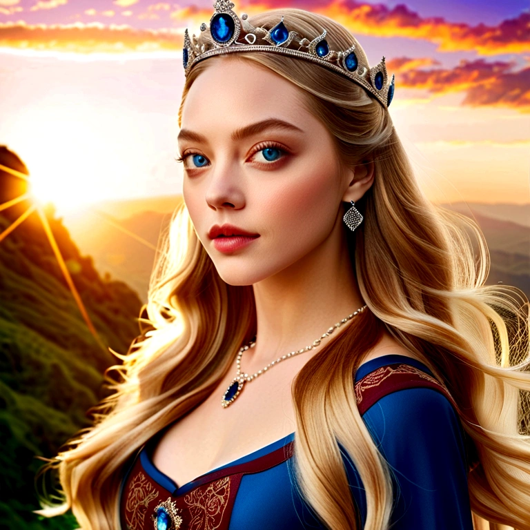 (logo、Masterpiece、8k、Mesa、photo and grosarvelous、最high quality、Photorealistic and hVery detailed CG integrated 8k wallpaper、high quality、Very detailed、Narrative poem、particle effects、dynamic effects、Depth of written limits.、cinematic light、Lens flare、ray tracing)、Fancy、 (1 beautiful blonde woman with bright blue eyes、beautiful woman with features of actress Amanda Seyfried、brown dress with delicate jewelry、Medieval queen dresses、crown with delicate details、dark brown dress、Silver Flower Embroidery Pattern、completely brown dress like that of a queen、by rubio、beautiful face、The real way、beautiful details、beautiful blue eyes、 beautiful skin)、Hair flutters in wind、hair bounces、beautiful castle a perfect hand having tea, Sakurafubuki、Spectacular view、sunrise、sun in the background、wind、God々、served、God story、vast land