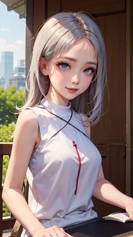 blush a little and smile, (Top quality masterpiece:1.2) Delicate illustrations, Very detailed, /Beautiful Japanese Women、1 person,Very cute and slim、Great style 、((8K images、super high quality))、Very delicate face, Skin and Hair、beautifule forehead、Red lipstick、(((((Mid-length hair、Silver Hair、lure))))),Very cute Japanese cut face、Eyes and nose are clearly visible、Kind eyes,((((Sleeveless fashion))))