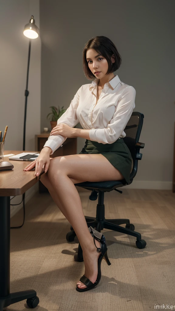 upper-class elite secretary in slightly open formal blouse, Working in the office、Wearing a long  miniskirt, naked legs、Wear black high-end open heels Girl in a shirt, Wearing a  dark green long miniskirt , short curly bob hair, Wearing a business white blouse, in a thight long miniskirt, businesswoman, crossed legs , Wear a shirt and skirt, Woman in business suit, business outfit, Raw photo, (8K、top-quality、​masterpiece:1.4)、(intricate detailes:1.4)、(Photorealsitic:1.4)、octane renderings、Complex 3D rendering ultra detail, Studio Soft Light, Rim Lights, vibrant detail, super detailing, realistic skin textures, Detail Face, Beautiful detail eyes, Very detailed CG Unity 16k wallpaper, make - up, (detailedbackground:1.4), tightly crossed right legs!!!, full body view sitting on a chair, full display legs feet!, display feet’s open high heels,   crossed legs, view from feet to face full view