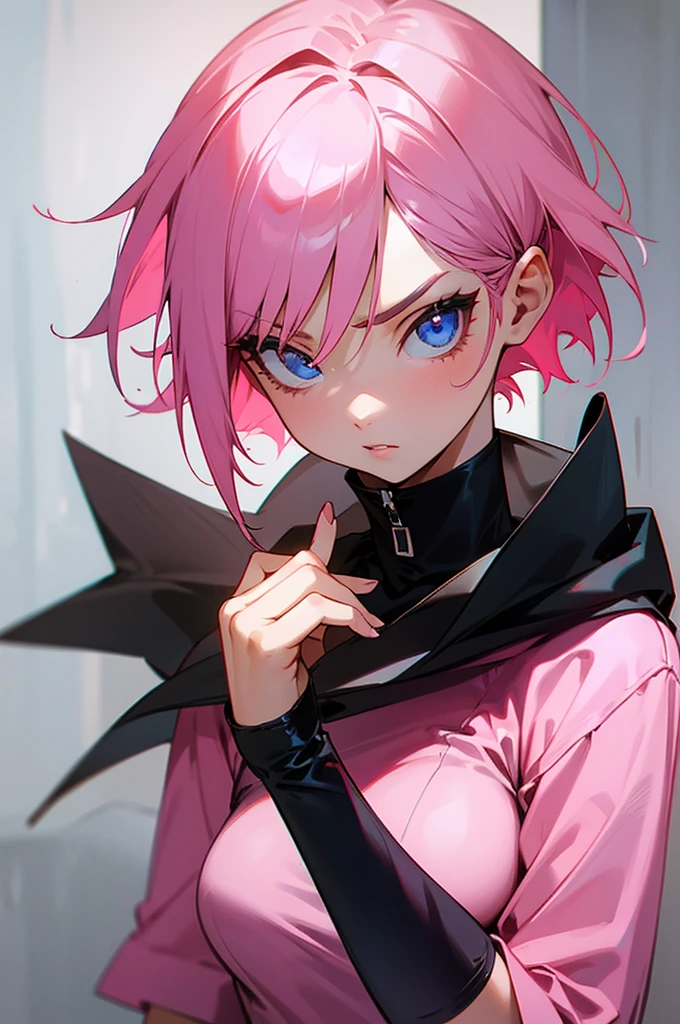 pink haired anime girls, mean, spoiled, princess, (masterpiece), best quality, expressive face, beautiful lighting, very short pink bob, model esk, mean look, stunning, glamourous with a little edge, torso to hair shot. cool clothing