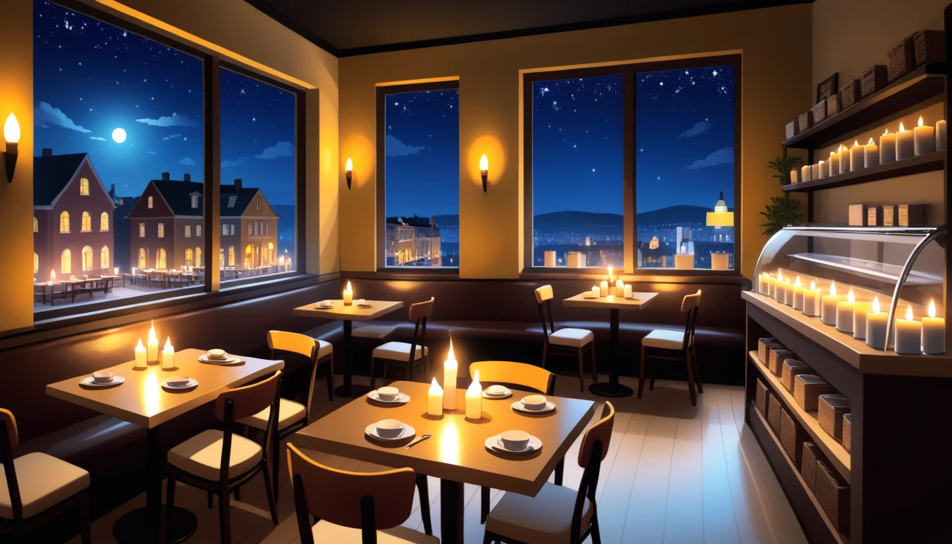 a cozy night time interior of a coffee shop with candles in the tables, sweets in the shelves and coffee cups in the tables, there are also 2 windows in which you can the the nightlife outside