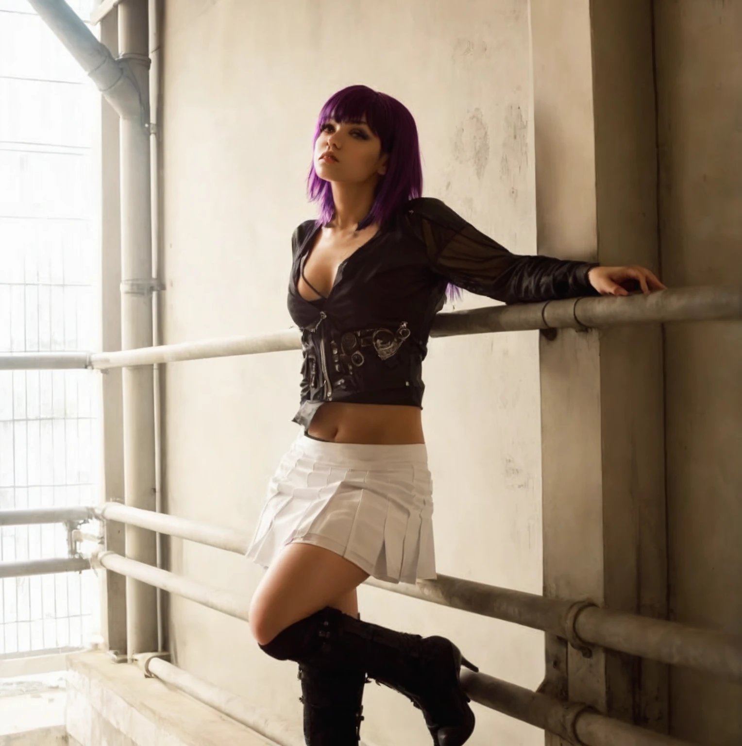 araffed woman in a black top and white skirt leaning on a railing, photo from a Promo-Shooting, Promo-Shooting, Dark purple hair and cybernetics, in a cyberpunk setting, Stockings and skirt, Profile shot, Concept photoset, dressed in crust punk clothing, Inspired by Rei Kamoi, Advertising photo, Cosplay for advertising, cyberpunk style outfit
