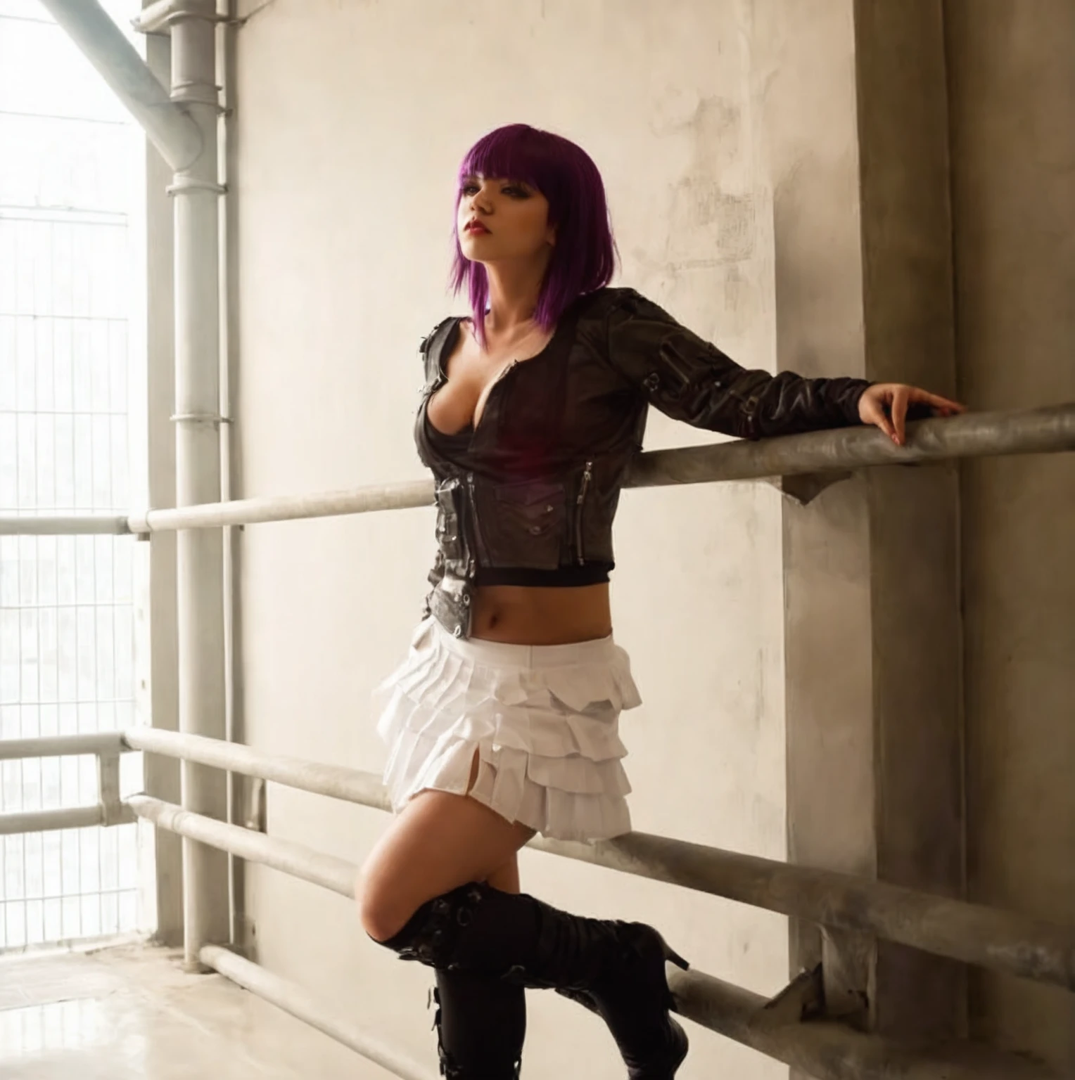 araffed woman in a black top and white skirt leaning on a railing, photo from a Promo-Shooting, Promo-Shooting, Dark purple hair and cybernetics, in a cyberpunk setting, Stockings and skirt, Profile shot, Concept photoset, dressed in crust punk clothing, Inspired by Rei Kamoi, Advertising photo, Cosplay for advertising, cyberpunk style outfit