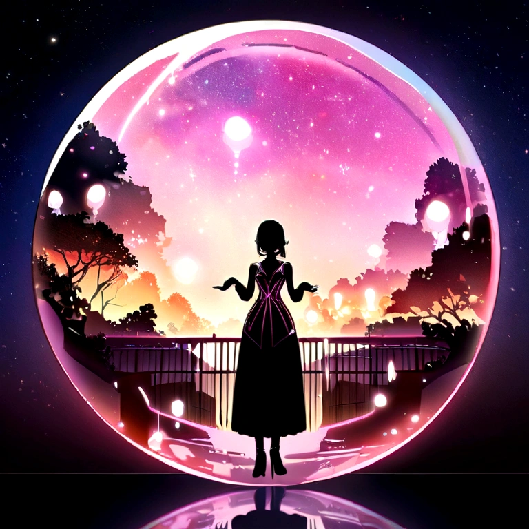 Highest quality, masterpiece, Ultra-high resolution, Beautiful Face, Flat Design, Wide Shot, Engage your audience,Lots of soap bubbles、Bubble Splash Art、Girl in a big transparent bubble、Complex background, Bubble background, woman inside of the bable wearing mysteriousal pink traslucent dress that reflects the stars , Promotional Art, mysterious,Complex drawing, Very detailed, Cover Girl Brand, Promotional Art、Artistic Expression, mysterious, Starry Night, Glow in the dark