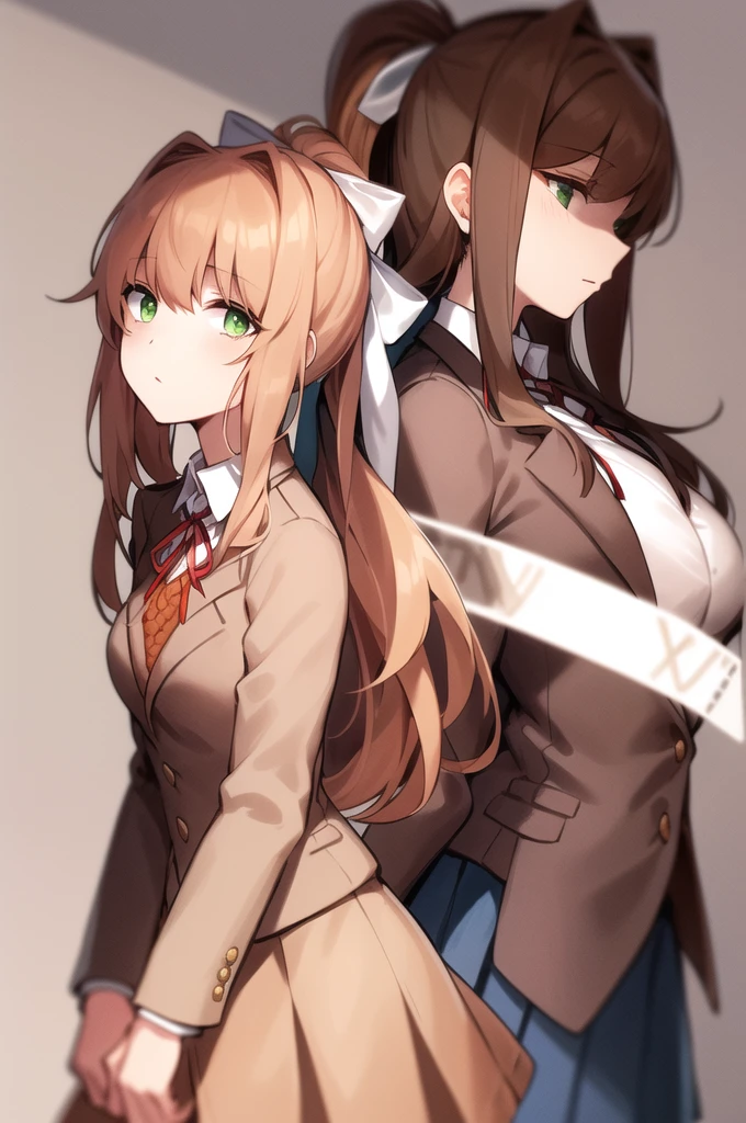 monika, green eyes, brown hair, very long hair, ponytail, hair ribbon, white ribbon , blazer, brown sweater, collared shirt, neck ribbon, blue skirt, Slice-Of-Life Sensual
