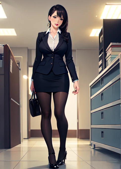 full body photo of a beautiful sexy secretary wearing extremely short skirt and seamed stockings, stands_straight, ((solo)), adult, in the office, high heels, craves sex, strokes_herself