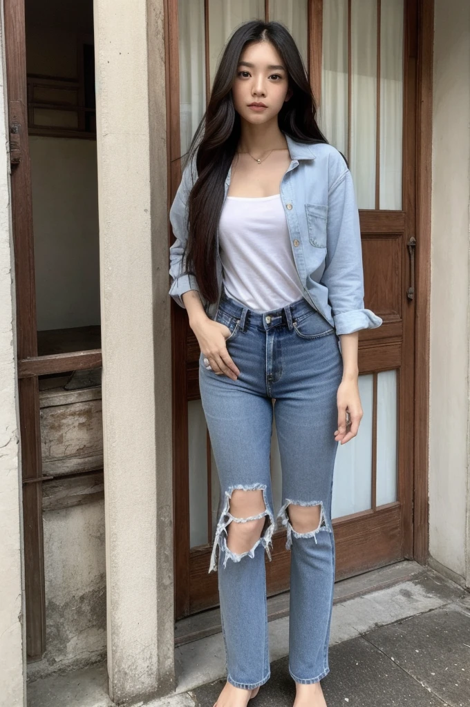Thai Woman, look at viewer, long hair, shirt, jeans, clou