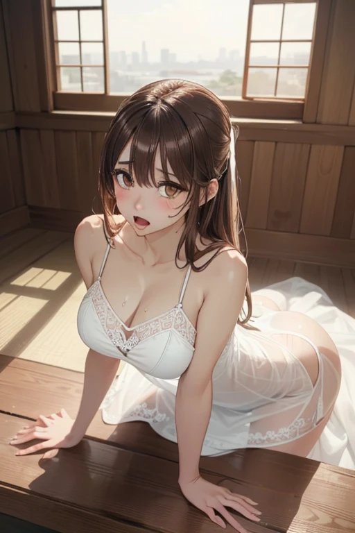 SFW,(8k, RAW photo, best quality, masterpiece, soft cinematic lighting, soft color:1.6),(ideal ratio body proportions:1.8),(from above:1.5),(looking at camera:1.8),(sitting:1.5),(spread legs:0.5),(beautiful eyes focus:1.8), (realistic), (dilapidated japanese old house, red light district background:1.6), (solo, mature woman,20years old,super beautiful face,super detaild beautiful brown eyes :1.8), (detaild sheer white Slip Dress:1.6),(coverd nipples:0.5),(embarrassed,red Cheeks:1.25),long hair, {{slicked back hair}}, white blonde color hair, clean skin, (smaller butt:1.1),(coverd nipple:0.9),(sagging huge long wide heavy breasts:1.5),(under boob:0.8), ( Perfect body skinny beauty: 1.7),(open mouth:1.1),(temptation pose:1.8),(heavy breathing:1.5),