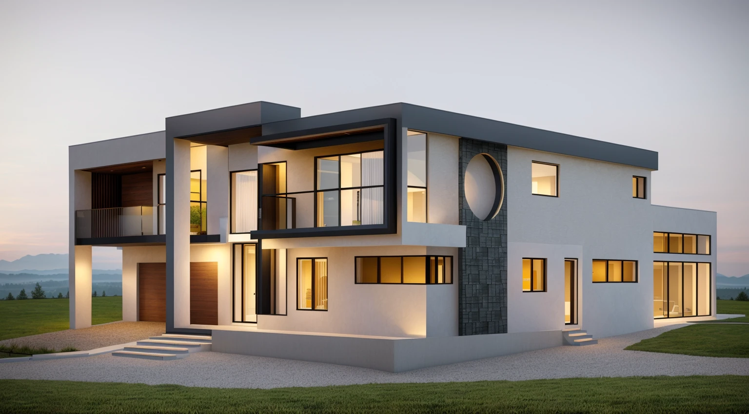 villa modern,night, Realistic, exterior, sunlight, house, RAW photo, 8k uhd, dslr, (high detailed skin:1.3), soft lighting, ultra quality, film grain, Fujifilm XT3, sharp image, best quality, authentic, hight quality, TREE BACKGROUND