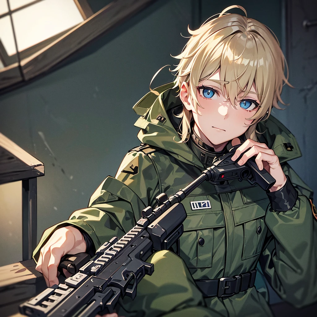 German man with short blonde curlyhair and light blue eyes wearing flecktarn camo tactical gear and holding a mg42