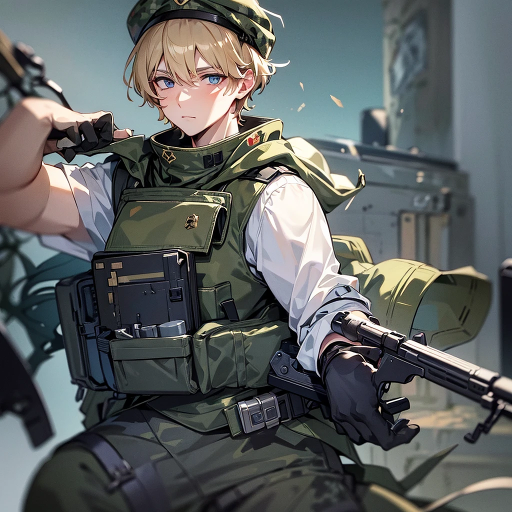 German man with short blonde curlyhair and light blue eyes wearing flecktarn camo tactical gear and holding a mg42