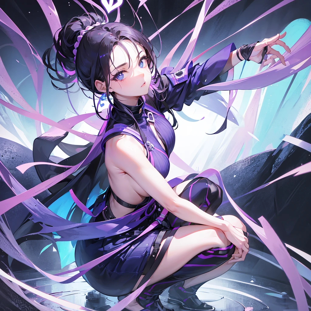 a woman, whole body, squat, while looking towards the camera, hair up with strands, normal skin tone, blue-black hair, purple blue eyes, heart pupils