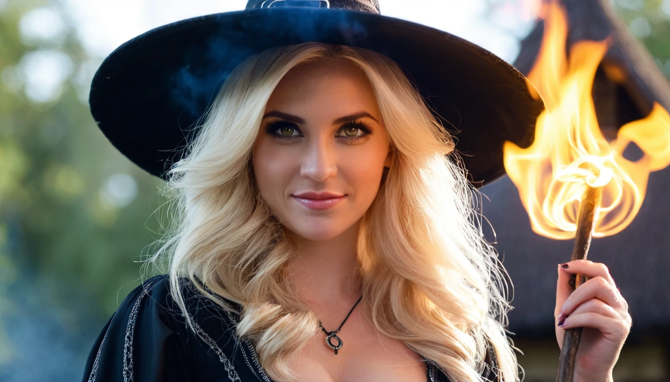 masterpiece, best quality, (Pretty Face: 1.1), (Practical: 1.5) (Blonde Witch, Marissa Becker, 30-year-old female, Fire Magic: 1.3), Upper Body