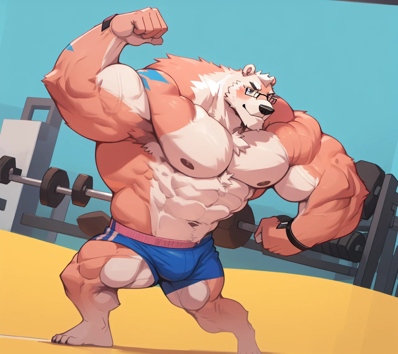 solo, 1boy, Huge Muscular White Polar Bear wearing glasses, huge white fur, pectoral, huge pectoral, wide pectoral, short white hair, blue colored short pants, blue colored wristbands and shirtless and topless, white bearded, white Mustache, white fur, simple background, masterpiece, high detailed, 8k, high resolution, at the gym, flexes huge muscles