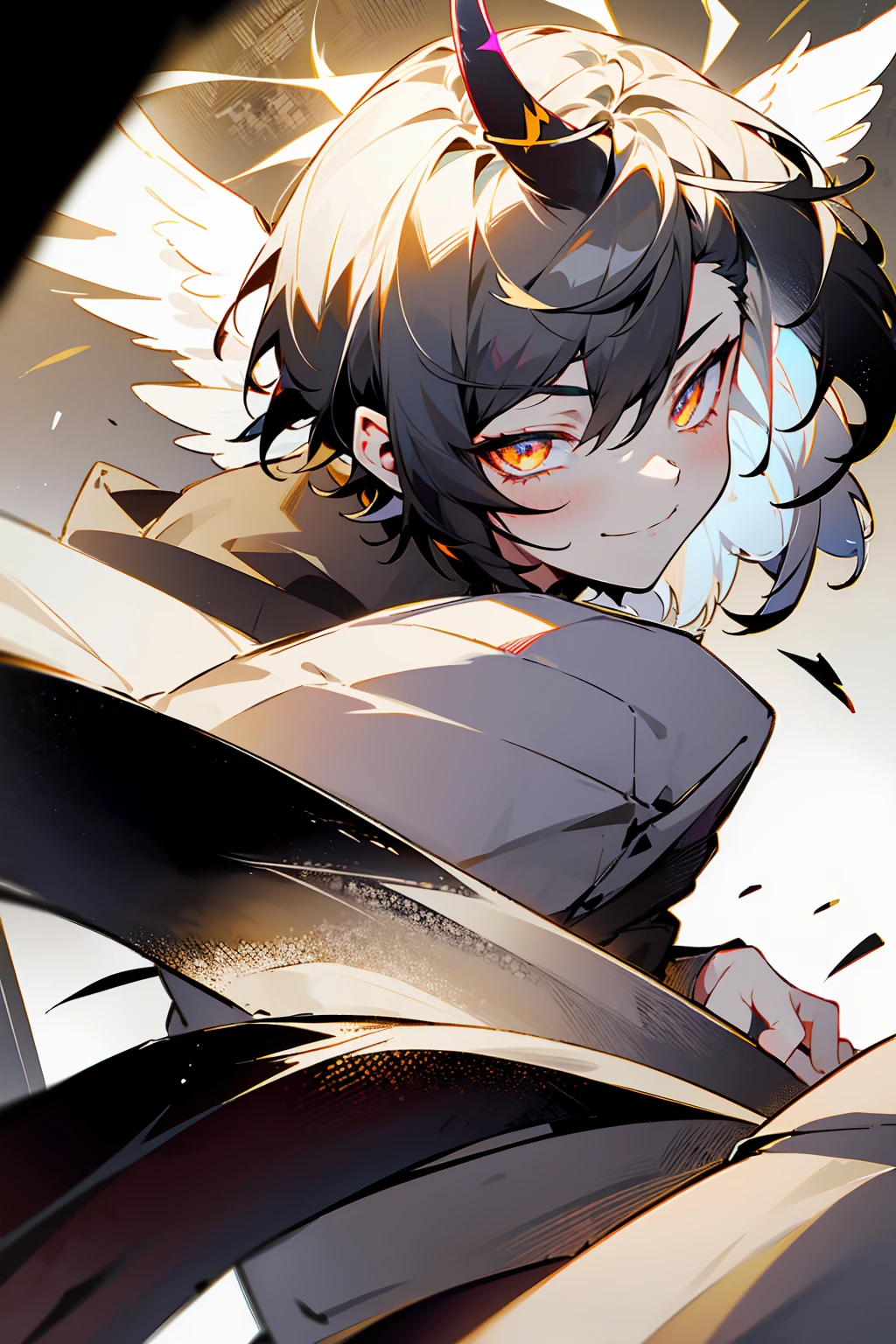 1male, Teen, Two Tone Hair, Black and White Hair, Short Hair, Undercut Hair, Two Horns one of them is Black the other is White, Angel Halo, One Black wing and One White Wing, Golden Eyes, Smirk, Black and White Flannel Shirt, Black Ripped Jeans