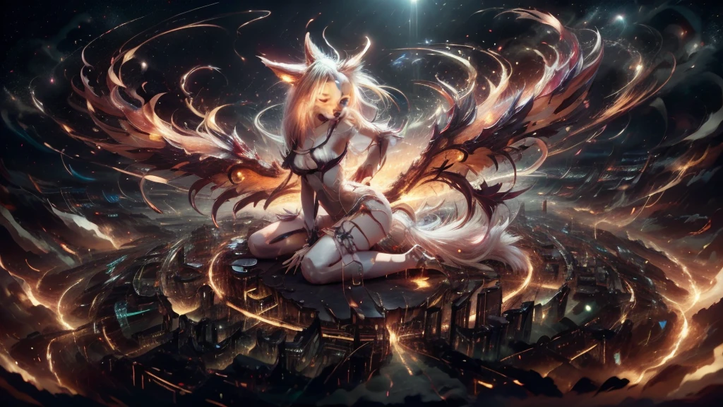 anime girl,tennage girl 18 years old, anime style, cute hatsune miku x white kitsune, shy girl , kitsune ears, dark natasha art, city landscape, art by vixen aztra, full body high definition in details the best image quality, add_detail:1  kitsune in hells add_detail:1,  volando desde el cielo observa una ciudad, apunto de diaparar un rayo solar con su brazo izquierdo add_detail:1, plasma beam atack
