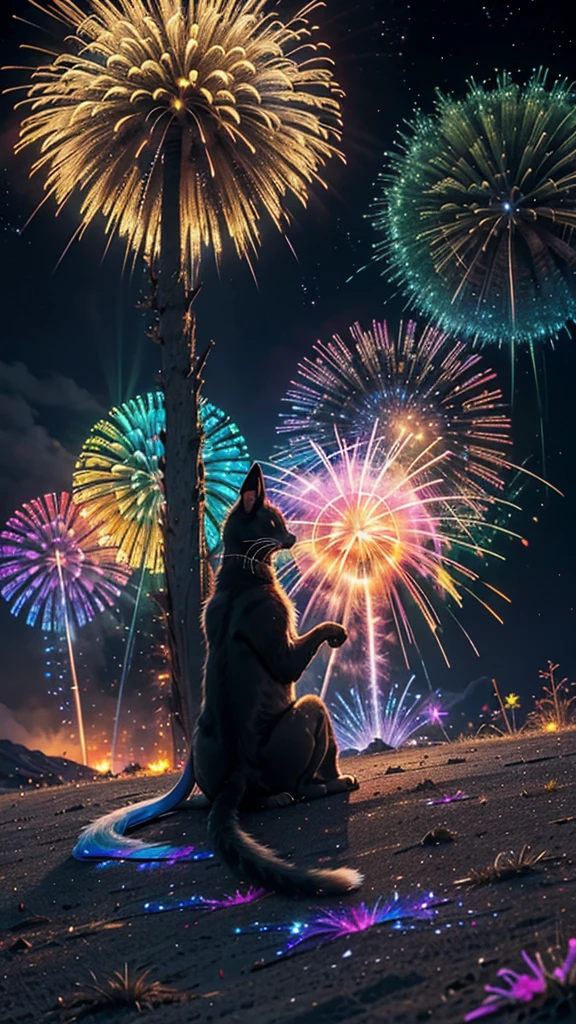 Fantastic scenery、firework、firework大会、Rainbow colorsのfireworkが打ちあがっている瞬間、With the night sky、壮大なfirework、future都市、Highest quality、masterpiece, (Diffuse reflection of light:1.2), When the fantastic rainbow turns into shadow, bathed in a mystical atmosphere.The cats are watching too、Colorful Cats, Cast magic spells. evoke a sense of wonder and awe. A fusion of natural grandeur and magic, Weaving dreams into reality. Behold, null, And the unknown, Fleeting、And an eternal moment, 16K, Ultra-high resolution.Realistic, Ultra-high resolution, to be born,future、Rainbow colorsに光り輝く、Rainbow colors、The world 30 years from now。