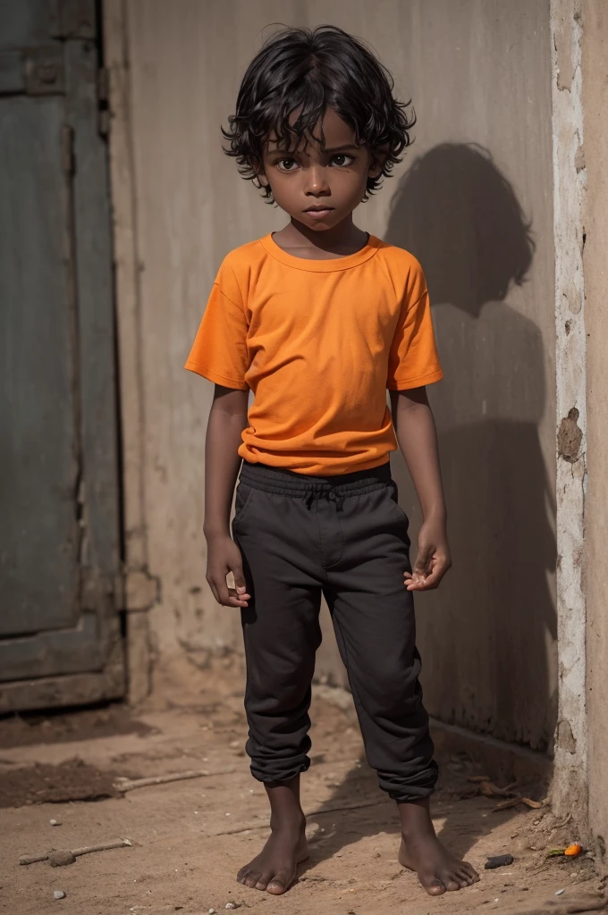 A dark, barefoot boy, com cabelo preto e liso, with orange shirt, Gray pants. He is stopped