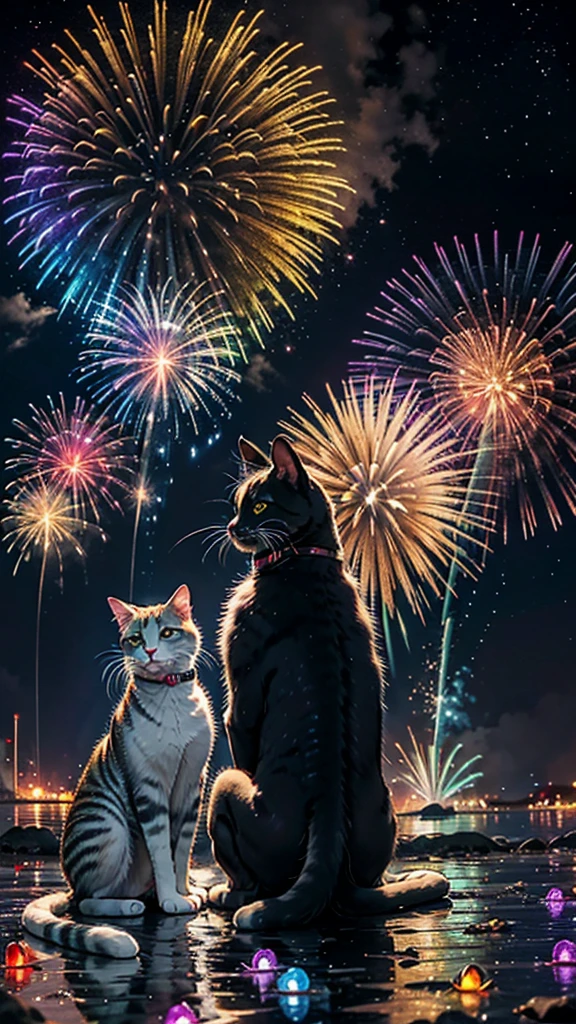 Fantastic scenery、firework、firework大会、Rainbow colorsのfireworkが打ちあがっている瞬間、With the night sky、壮大なfirework、future都市、Highest quality、masterpiece, (Diffuse reflection of light:1.2), When the fantastic rainbow turns into shadow, bathed in a mystical atmosphere.The cats are watching too、Colorful Cats, Cast magic spells. evoke a sense of wonder and awe. A fusion of natural grandeur and magic, Weaving dreams into reality. Behold, null, And the unknown, Fleeting、And an eternal moment, 16K, Ultra-high resolution.Realistic, Ultra-high resolution, to be born,future、Rainbow colorsに光り輝く、Rainbow colors、The world 30 years from now。