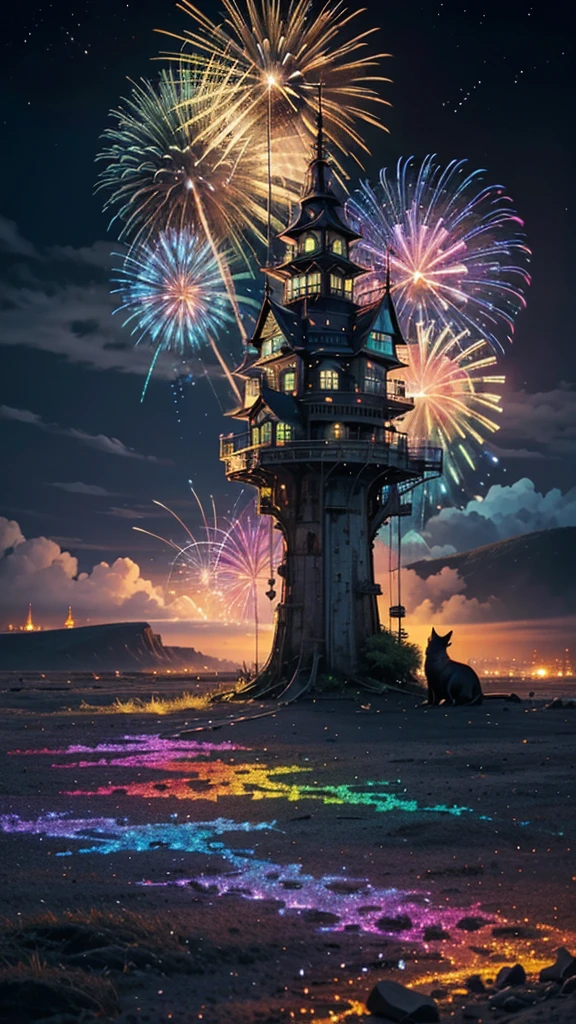 Fantastic scenery、firework、firework大会、Rainbow colorsのfireworkが打ちあがっている瞬間、With the night sky、壮大なfirework、future都市、Highest quality、masterpiece, (Diffuse reflection of light:1.2), When the fantastic rainbow turns into shadow, bathed in a mystical atmosphere.The cats are watching too、Colorful Cats, Cast magic spells. evoke a sense of wonder and awe. A fusion of natural grandeur and magic, Weaving dreams into reality. Behold, null, And the unknown, Fleeting、And an eternal moment, 16K, Ultra-high resolution.Realistic, Ultra-high resolution, to be born,future、Rainbow colorsに光り輝く、Rainbow colors、The world 30 years from now。