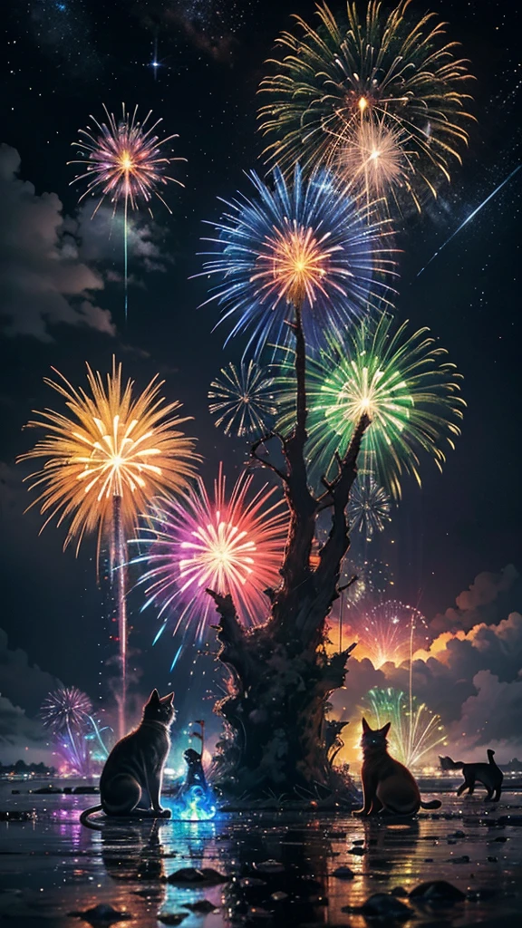 Fantastic scenery、firework、firework大会、Rainbow colorsのfireworkが打ちあがっている瞬間、With the night sky、壮大なfirework、future都市、Highest quality、masterpiece, (Diffuse reflection of light:1.2), When the fantastic rainbow turns into shadow, bathed in a mystical atmosphere.The cats are watching too、Colorful Cats, Cast magic spells. evoke a sense of wonder and awe. A fusion of natural grandeur and magic, Weaving dreams into reality. Behold, null, And the unknown, Fleeting、And an eternal moment, 16K, Ultra-high resolution.Realistic, Ultra-high resolution, to be born,future、Rainbow colorsに光り輝く、Rainbow colors、The world 30 years from now。