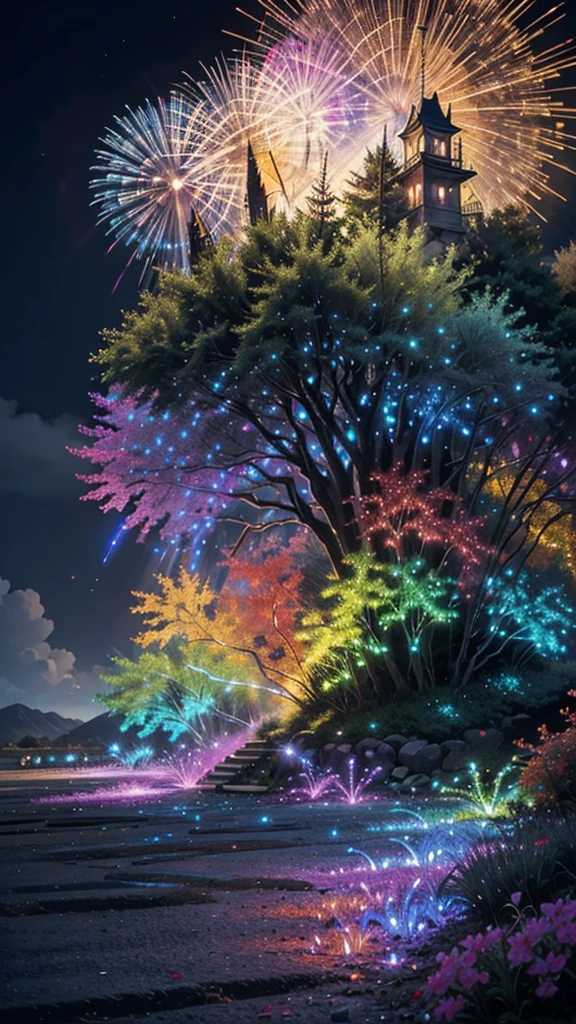 Fantastic scenery、firework、firework大会、Rainbow colorsのfireworkが打ちあがっている瞬間、With the night sky、壮大なfirework、future都市、Highest quality、masterpiece, (Diffuse reflection of light:1.2), When the fantastic rainbow turns into shadow, bathed in a mystical atmosphere.The cats are watching too、Colorful Cats, Cast magic spells. evoke a sense of wonder and awe. A fusion of natural grandeur and magic, Weaving dreams into reality. Behold, null, And the unknown, Fleeting、And an eternal moment, 16K, Ultra-high resolution.Realistic, Ultra-high resolution, to be born,future、Rainbow colorsに光り輝く、Rainbow colors、The world 30 years from now。