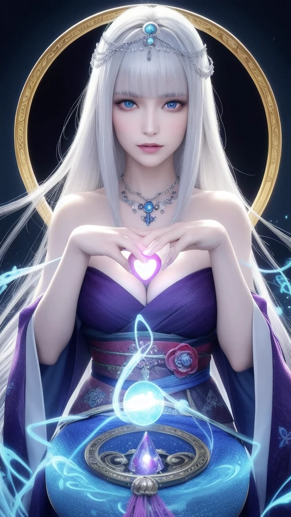 (masterpiece, top quality, 1 female, solo, exquisite details, chromatic aberration), (realistic), (skin), ((breathing)), (silver hair, blunt bangs, short straight long hair, short bangs, silver hair), beautiful hair, red headdress, blue highlights, hair over one eye, pretty eyes, purple eyes, thick lips, earrings, piercing eyes, ((gold and white kimono)), ((symmetrical eyes)), ((perfectly symmetrical body)), ((perfectly symmetrical hands)), (purerosface_v1:0.3), ht, ((self, natural light))), bright lighting, flowers blooming in the background, in front of the viewer, ((central shot, from the front, (face and shoulders))), mysterious atmosphere, flowers blooming around, light colored background, fortune teller in kimono, beautiful fortune teller, fortune teller, fantasy female fortune teller, female fortune teller, f Fantasy photography, magician, witch fairy tale, Japanese style, elegant cinematic fantasy art, fantasy woman, sorceress portrait, casting spells, fortune teller, powerful wizard stands among mystical colorful flowers, fluttering roborned with symbols, holding a glowing heart crystal ball, eyes glowing with mystical energy, spells leaking from his mouth, vivid swirling patterns of black magic pulsating with iridescent hues appear in the air, magic permeates, flowers bloom, sacred creatures gaze in awe, threads of magical energy dance, revealing hidden realms, unravelling secrets, capturing the essence of this enchanting moment and bringing to life the mystical power of witchcraft on a canvas of the highest quality and finest detail. Top Quality, Masterpiece, Ultra High Resolution, (Photorealistic: 1.4), RAW Photo, Sharp Focus, High Resolution, Detailed Skin.