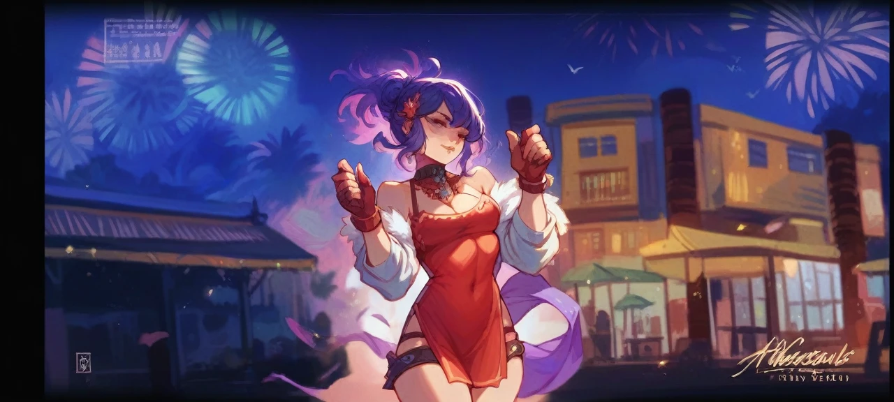 Masterpiece, best quality, Masterpiece, best quality, 1 woman, black skin , Long Lilac Hair , purple hair , sly face , Shameless , purple lace bikini , big breasts , , abdomen , Long legs , Put your hands on your hips.... , Barefoot , full body , pub , bar , at night